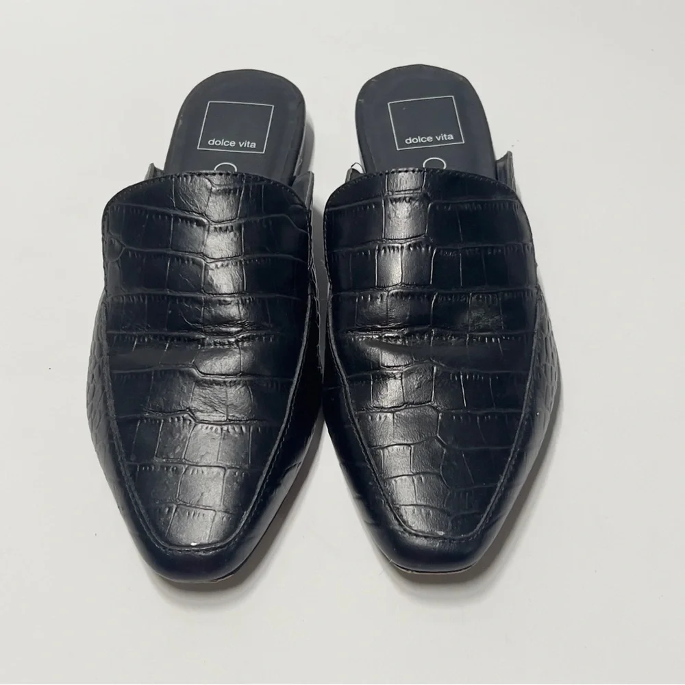 DOLVE VITA Clear Women’s Size 8 Black Slip On Mules. Reptile pattern. Low Heel - Picture 3 of 8